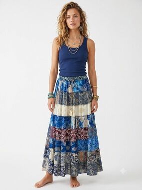 6. Boho Patchwork Sari Silk Maxi Skirt Festival Hippie Gypsy One Size India